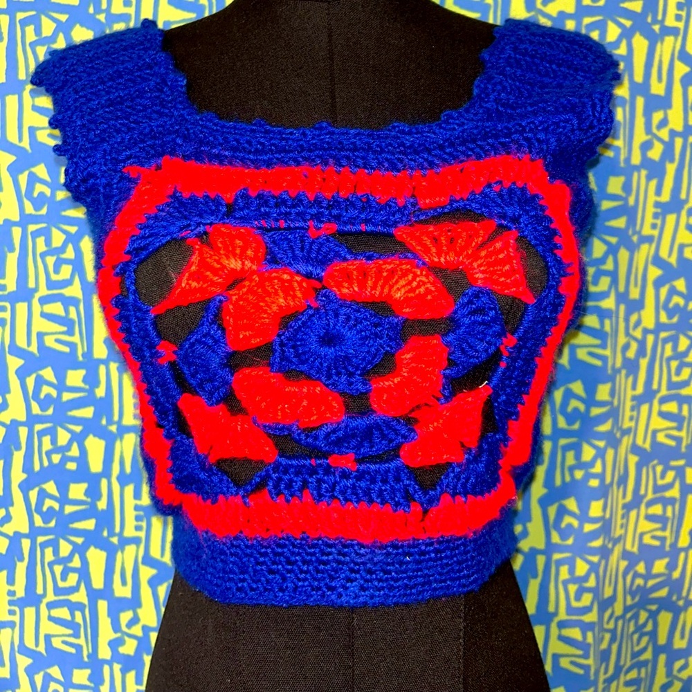 Handmade Blue and Red Crochet Top